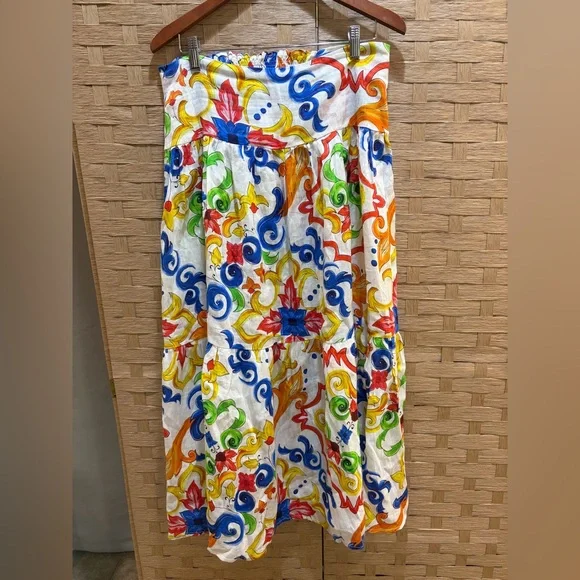 Louise Made in Italy 100% Linen Colorful Baroque Maxi Skirt Size M - Picture 2 of 7